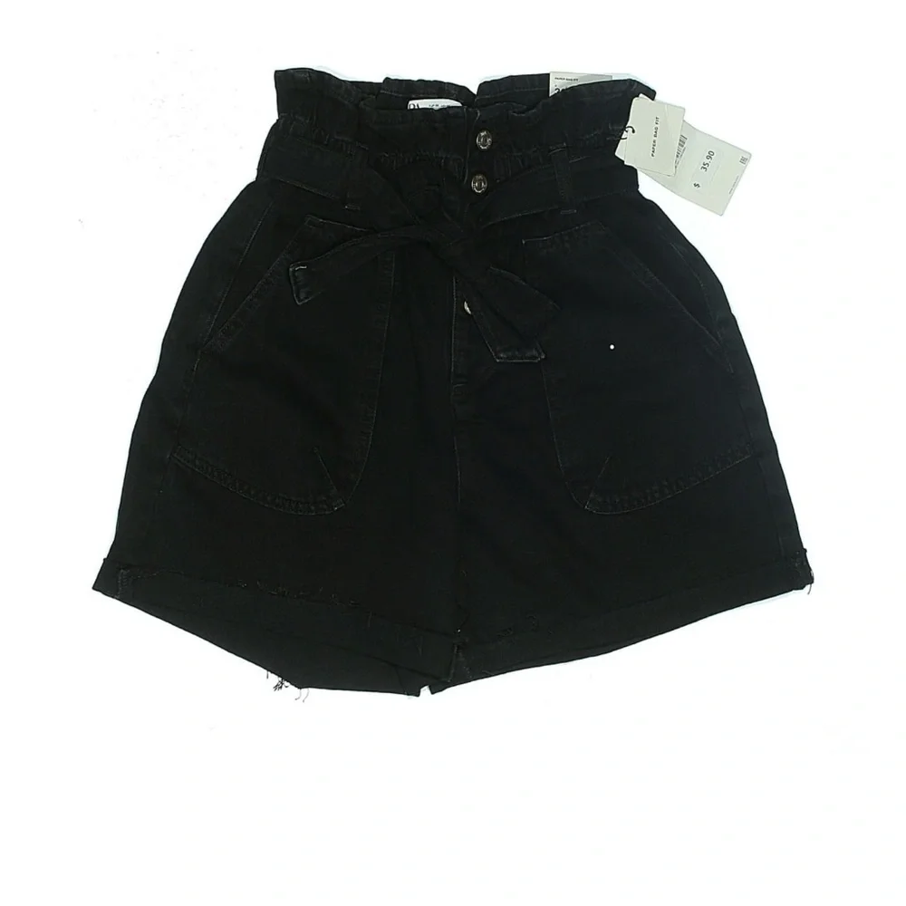 Zara Black Paperbag Waist Shorts NWT High Rise Tie Waist Denim Size 4 - Picture 2 of 4